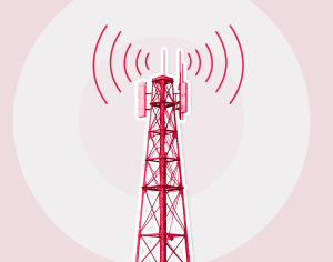 A red communication tower emits radiating signal waves on a light pink background. The image conveys connectivity and technology themes.