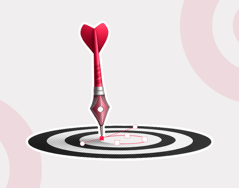 A red dart with a fountain pen tip hits the center of a black and white target, symbolizing precision and creativity. The background is light gray.