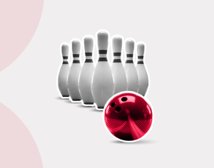 Illustration of six gray bowling pins with black stripes arranged in a triangle, with a red bowling ball in the foreground, on a light gray background.