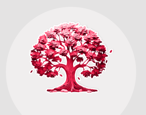 Illustration of a vibrant red tree with abundant leaves, set against a light gray background. The tree exudes a sense of vitality and elegance.