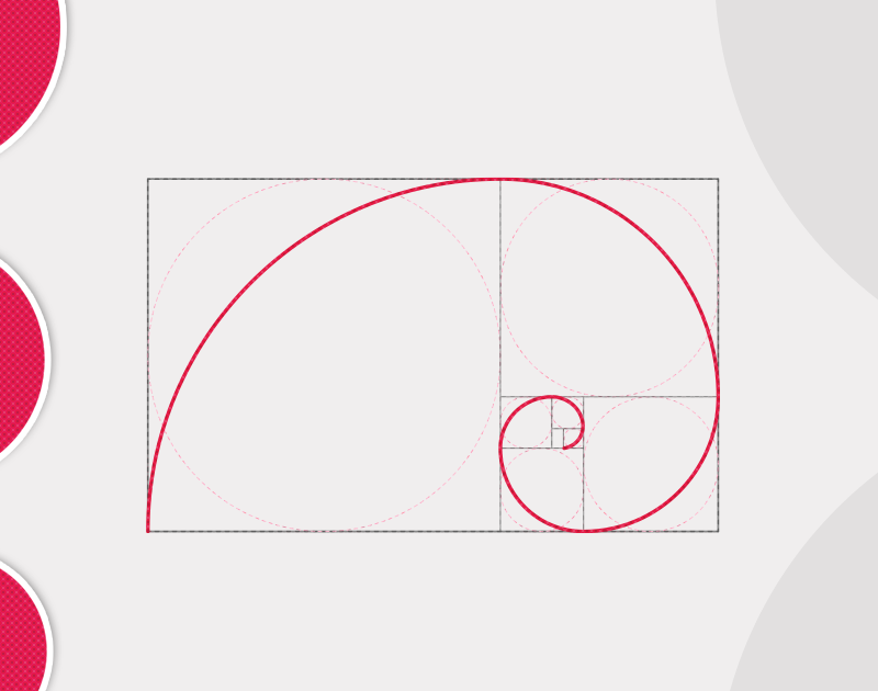 Red Fibonacci spiral over golden ratio grid of rectangles and circles on gray background. Balanced, harmonious design evokes mathematical beauty.