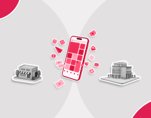 Illustration of a smartphone between a local shop and an office building, with app icons and digital symbols radiating from the phone.