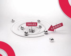 Silver balls are placed on a spiral path labeled "LEADS" leading to a center area labeled "SALES" with a red arrow pointing from leads to sales.