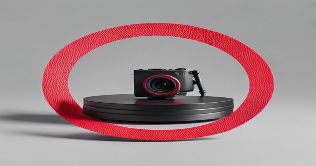 A product on a turntable lit by a ring light with a camera framing it
