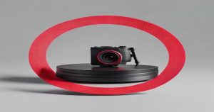 A product on a turntable lit by a ring light with a camera framing it