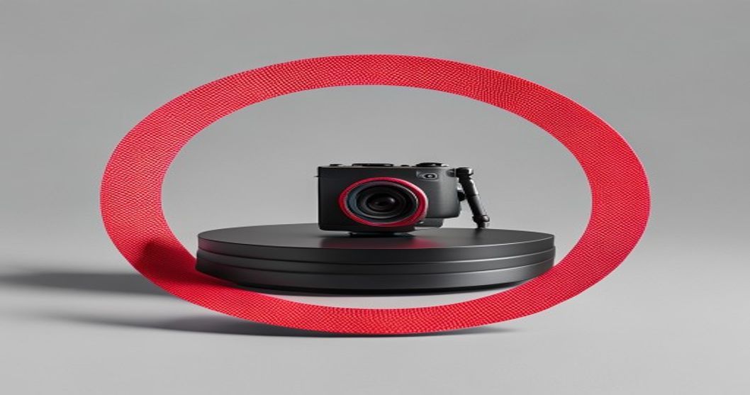 A product on a turntable lit by a ring light with a camera framing it