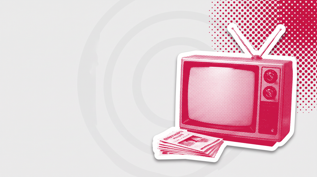 Halftone sticker cutout of a retro television set with antenna and printed leaflets on the eleven54 grey and crimson header field