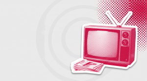 Halftone sticker cutout of a retro television set with antenna and printed leaflets on the eleven54 grey and crimson header field