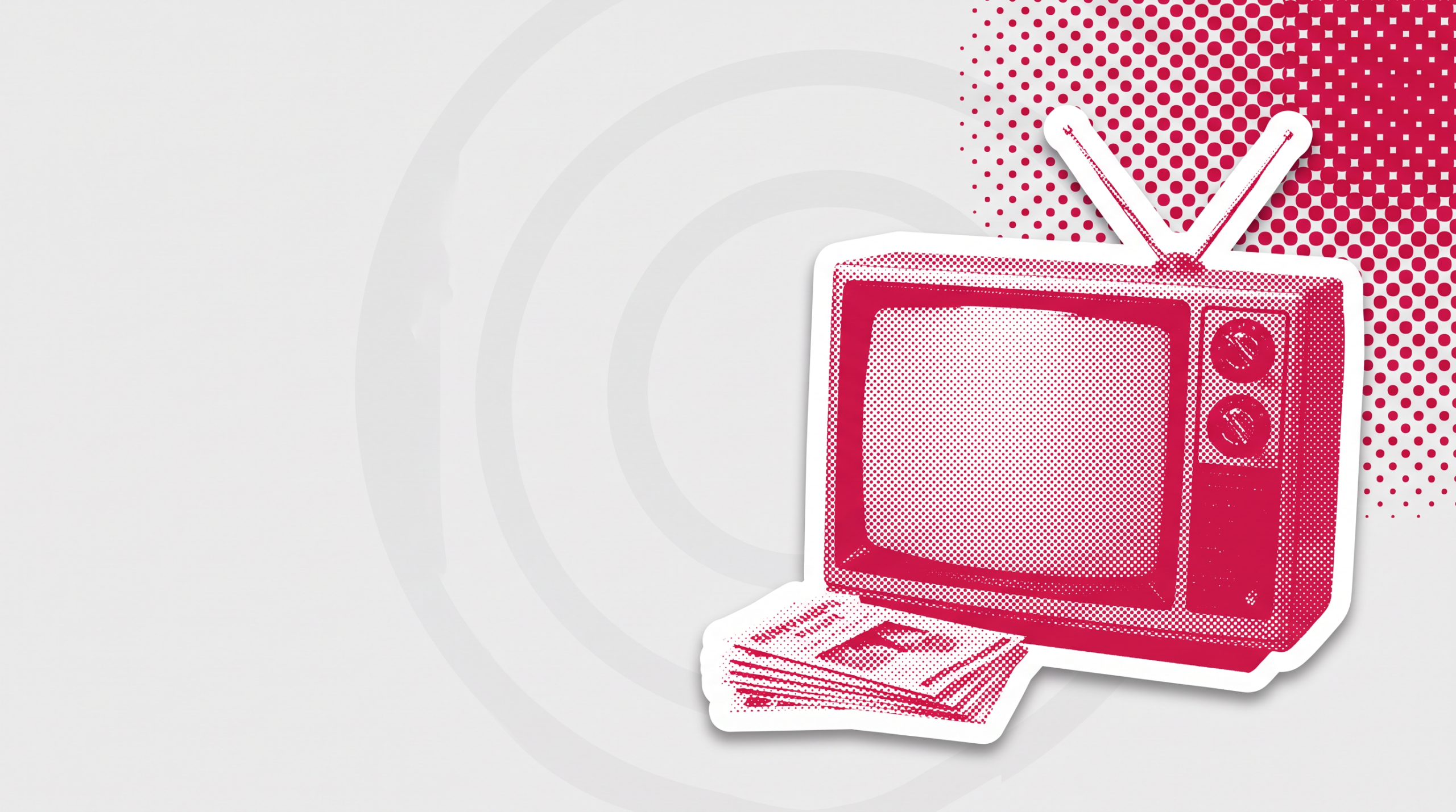 Halftone sticker cutout of a retro television set with antenna and printed leaflets on the eleven54 grey and crimson header field