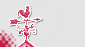 Halftone sticker cutout of a rooftop weather vane on the eleven54 grey and crimson header field