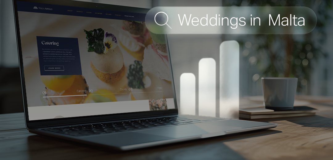 A laptop showing the Villa Arrigo website, next to a search for weddings in Malta